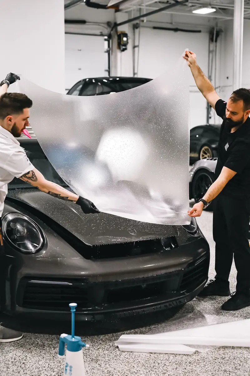 Clear film sheet being positioned over a car hood